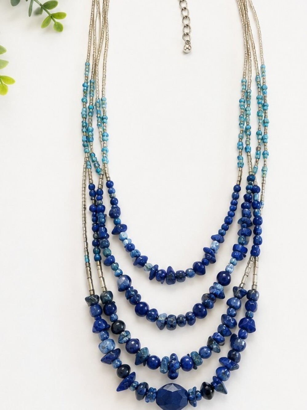 CHICO'S Multi Strand Lapis Lazuli & Glass Bead Statement Necklace Blue 30"